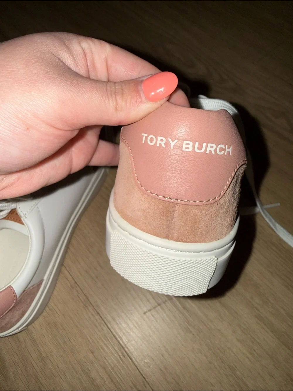 Tory Burch White Leather Sneakers with Dusty Rose Accents